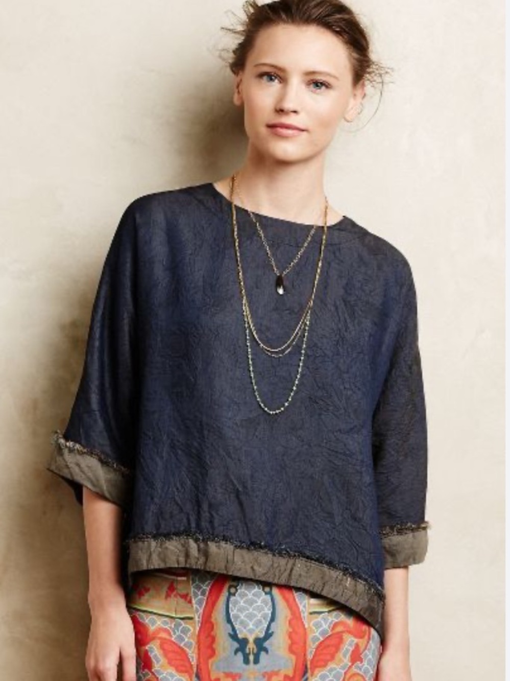 Amadi Anthropologie Fringed Indigo Blue Side Split top Blouse size medium